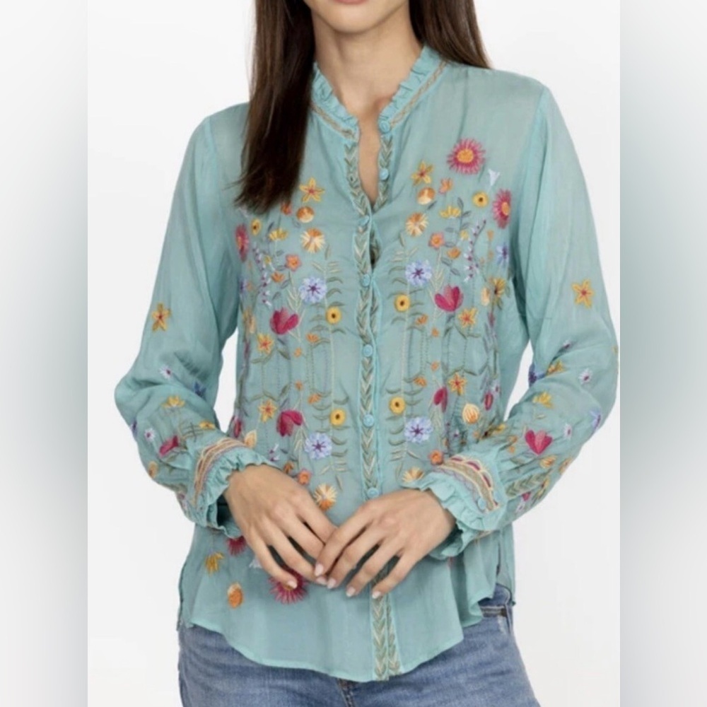 Johnny Was Iolanda Long Sleeve Blouse Marine Blue Size XS